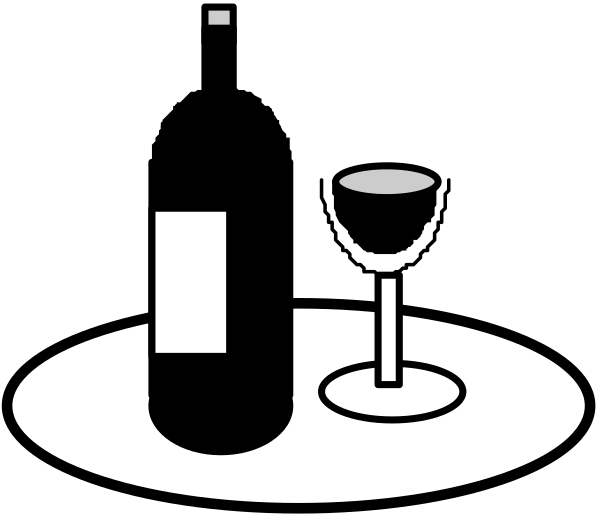The black and white illustration shows a dining table with various items on it: wine glasses, cups, bottles of alcohol, plates, cutlery including forks and knives, and what appears to be food like pizza slices. There is also an iconic representation of a glass of water at the top left corner. The setting suggests that this could represent a meal or dinner scene in black and white style.