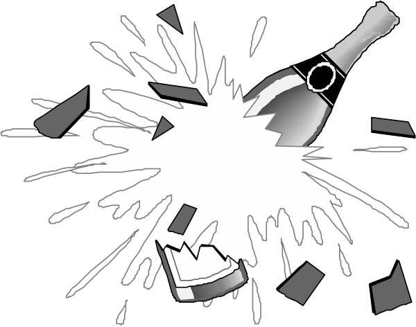 The black and white cartoon shows a bottle of champagne shattering into pieces with confetti flying around it on what appears to be a dark background; there is no text present in this image.