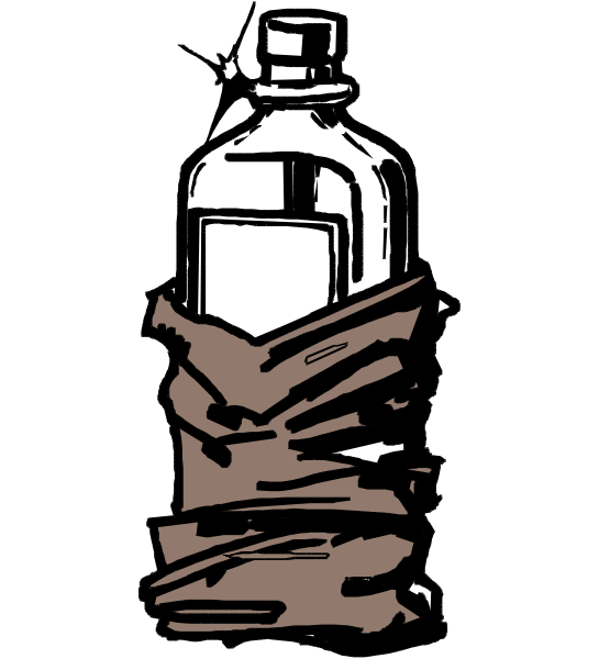 The black and white illustration shows a bottle of alcohol wrapped with brown paper tied at both ends by string, placed on top of what appears to be an open book lying flat in front of it against a dark background.