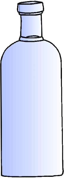 The image shows a tall bottle with blue light emanating from it against a gray background.