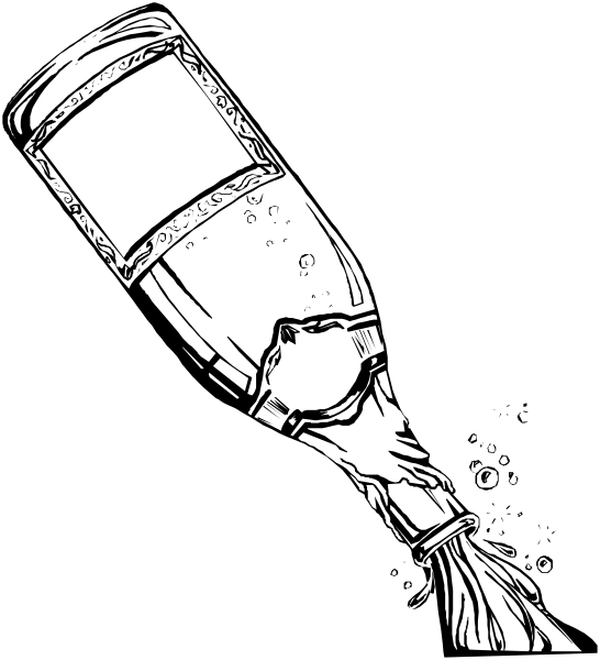 The black and white illustration shows a champagne bottle with liquid spilling out of it onto an unseen surface below.