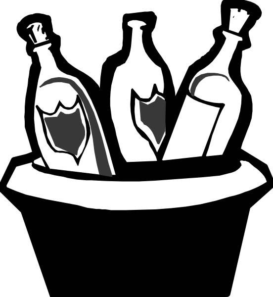 The black and white illustration shows a collection of bottles with corks on top placed inside an open basket that is sitting atop what appears to be a table surface in front of it; there's no text present, just objects depicted without any actions taking place or people visible within the image.