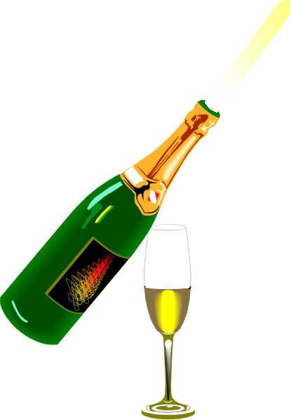The image shows a bottle of champagne with an unopened cork next to it on top of a wine glass filled with white liquid that resembles sparkling water; there is also one whole green grape in front of them, and two slices of lemon floating above the drink.