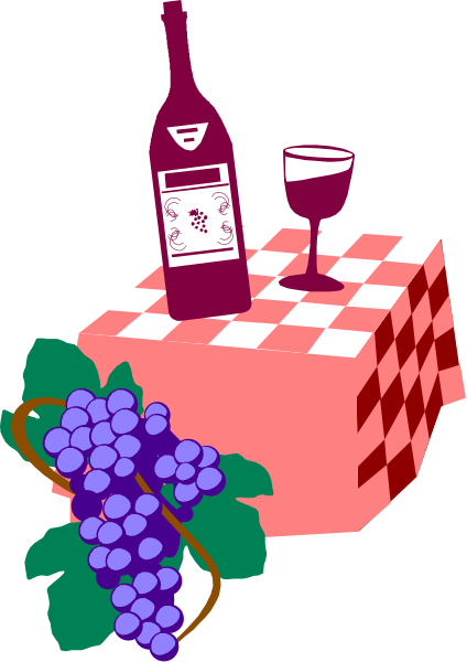 The image depicts a table with two items on it: wine bottles labeled "red" and "white," accompanied by grapes in bunches at each corner of the table; there is also an empty glass, suggesting that someone has been drinking from one side but not yet finished their drink or meal.