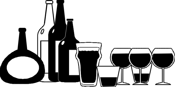 The black and white silhouette of a bar scene with various items such as bottles, wine glasses, cups, bowls, spoons, forks, knives, plates, cakes, vases, potted plants, chairs, tables, people sitting at table enjoying drinks, standing around talking.