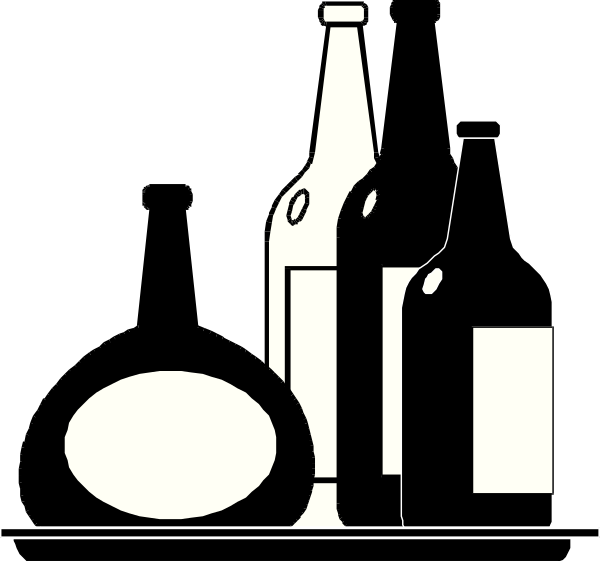 The black and white illustration shows a bottle of beer on top left corner, an egg next to it with its pointed end facing upwards in center right area, two bottles of wine positioned diagonally from each other at bottom corners, and one whole chicken sitting upright between them near the middle-bottom.