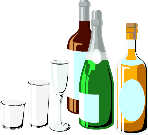 The image shows a collection of alcoholic beverages on display: wine bottles with labels that read "Wine" in white text; champagne bottle labeled as such; two glasses filled to varying levels; one green glass and another clear, both empty; an open box containing what appears to be cigars.