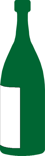 The image shows a green bottle of wine with white labeling next to an empty glass bottle on its side against a gray background.