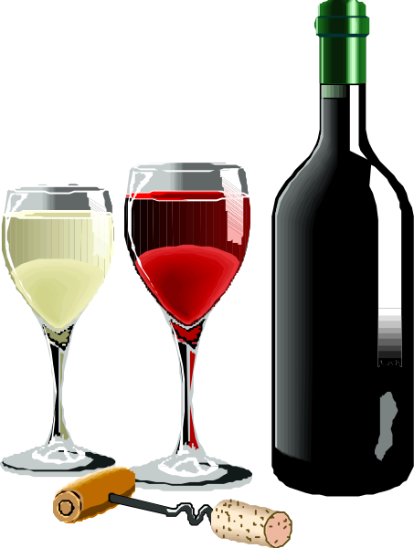 The image shows three wine glasses filled with different colored wines next to a bottle of red wine on its side; there is also an open corkscrew nearby along with two champagne flutes containing yellow liquid, and in front of them lies one whole green grape.