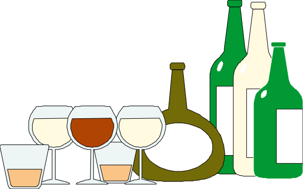 The image shows a collection of alcohol bottles on shelves with wine glasses placed next to them against a black background; there is no text present in this clip-art illustration.