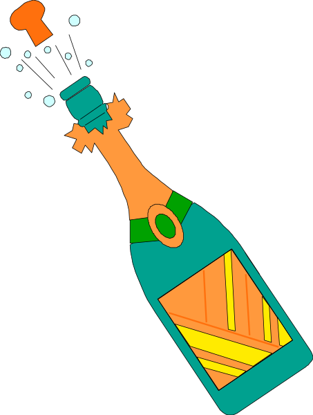 The illustration shows a bottle of champagne with an orange label that has been opened by removing its foil top; there is one glass shard flying out from it to the right side of the image where bubbles can be seen, suggesting effervescence or celebration.