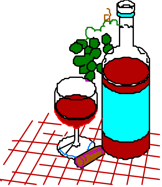 The image shows a bottle of wine with two glasses on top next to each other sitting outside at nighttime near some plants under an umbrella table.