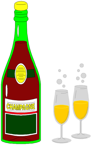 The illustration shows a bottle of champagne with an orange label that reads "champagne" on it next to two wine glasses filled with bubbles, suggesting celebration; there is also text in French above the bottles reading "CHAMPAGNE."