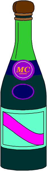 The image shows a bottle of wine with colorful labels on it placed against a gray background.