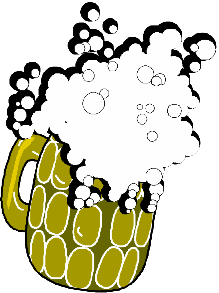 The image shows a cartoon of an animated beer mug with foamy bubbles coming out from it on top of what appears to be a black background.