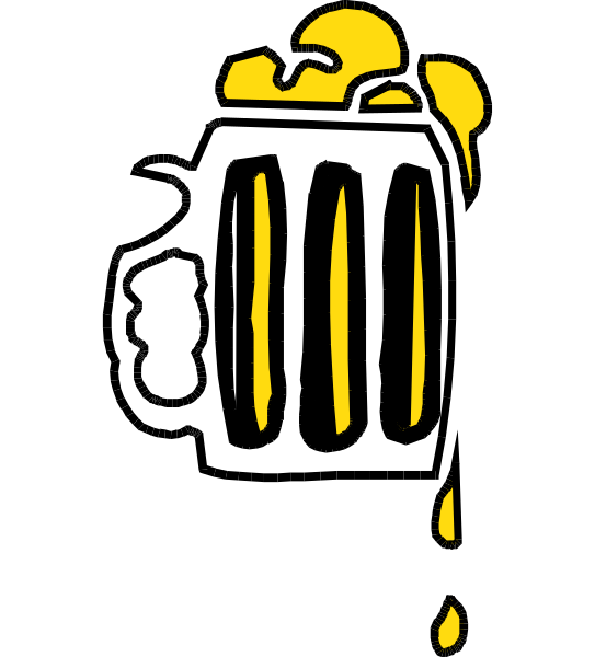 The black and white illustration shows a cartoon of an ice cream cone with two scoops on top being squeezed by hands into another container that is shaped like a beer mug filled to overflowing with yellow liquid, which appears to be mustard due to its color and texture; the background is plain.