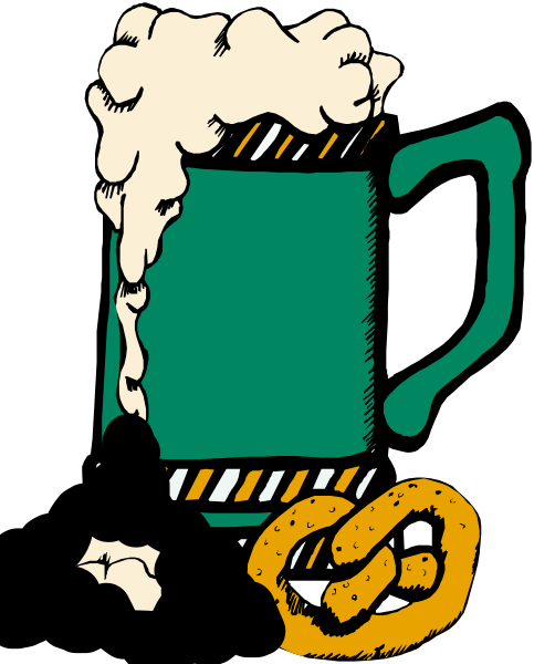 The illustration shows a cartoon of a green coffee cup with steam rising from it on top left corner; next to it is an image of two pretzels crossed over each other in front of the mug, and below them there's another smaller depiction of a beer stein filled halfway.