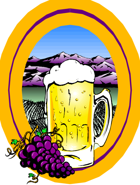 The illustration features a round emblem with an oval border at its center depicting two mugs of beer on either side; in front is a cluster of grapes, above which there's text that reads "BEER" and below it says "GRAPES." In the background behind this central image are mountains.