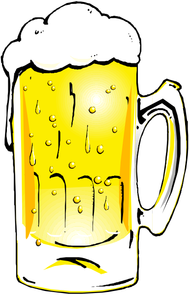 The image shows a cartoon of a frothy beer mug with bubbles on top against a black background.