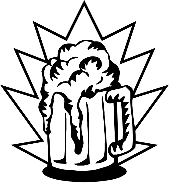 The black and white logo features a maple leaf design with two beer mugs on either side of it at the bottom; in between them is an illustration of smoke rising from what appears to be a chimney, suggesting brewing activity.