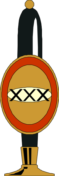 The image shows a black and white illustration of an oval with two crossed swords inside it on top of what appears to be a shield-like emblem in red and gold tones at its center, set against a gray background that has diagonal stripes resembling wood grain or planks.