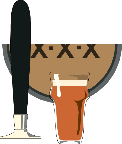 The image shows a cartoon depiction of an ice cream cone with two scoops on top next to a beer mug filled halfway up with amber liquid that has foam atop it; there is also a small black and white cat sitting in front of both items, looking towards the viewer.