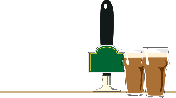 The image shows a bar scene with two glasses of beer on top of it; there is also an advertisement for Guinness in green above one glass.
