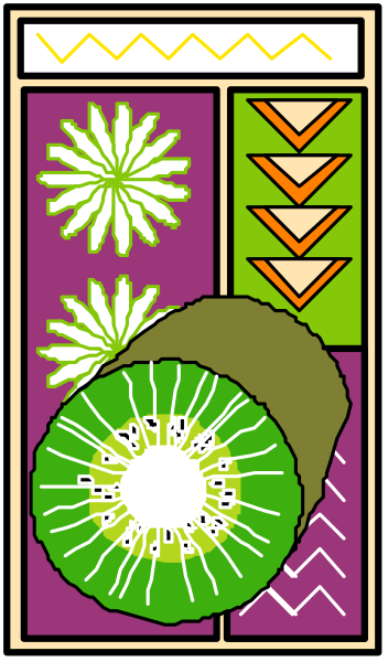 The image shows a colorful banner with various decorative elements such as flowers, stars, stripes, and possibly other patterns; it is set against what appears to be an outdoor background that could represent sky or water due to its blue hue.