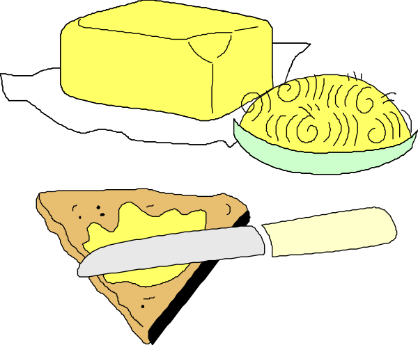 The illustration shows a variety of food items including cheese slices on bread with butter next to it, two pieces of pie in different styles one looking like apple pie and another resembling lemon meringue, an open jar filled with jam, and a knife resting beside them all.