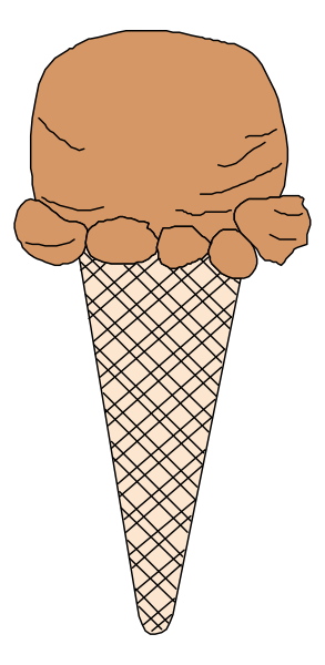 The image shows a cartoon of an ice cream cone with two scoops on top, placed next to what appears to be a small brown creature that resembles a dog wearing clothes; it is standing upright and has its paws raised as if waving or greeting someone.