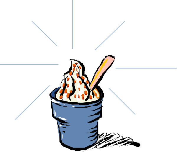 The image shows a cartoon of an ice cream cone with two scoops inside it on top of what appears to be whipped cream in front of a blue bucket that has a handle sticking out from its side, all set against a black background and illuminated by white light rays emanating downward.