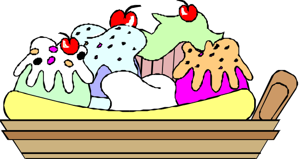 The image shows a cartoon depiction of various desserts on plates with different toppings such as cakes, cookies, ice cream cones, donuts, and pastries arranged in an appetizing manner against a dark background; there is no text present within this small clip-art image.