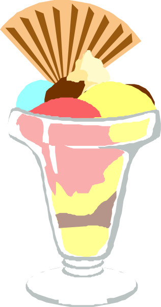 The image shows a cartoon ice cream sundae with various toppings such as whipped cream, cherries, chocolate syrup, nuts, sprinkles, and possibly other items in layers within an oval-shaped container on top of what appears to be a white surface or table.