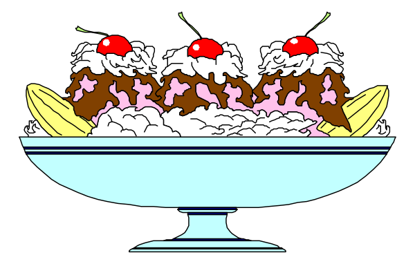 The image shows a cartoon of an ice cream sundae with three scoops topped with whipped cream in a bowl on top of what appears to be a table.