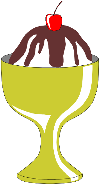 The image shows a cartoon of an ice cream sundae with chocolate syrup inside a glass cup on top of what appears to be a tablecloth patterned in black and white stripes.