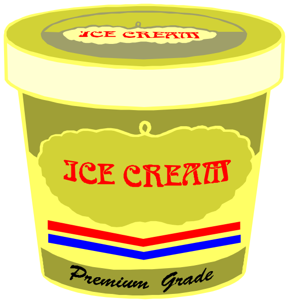 The image shows two cartoon ice cream containers with a label that reads "ICE CREAM" on each container; both have red lettering atop them indicating premium grade quality.