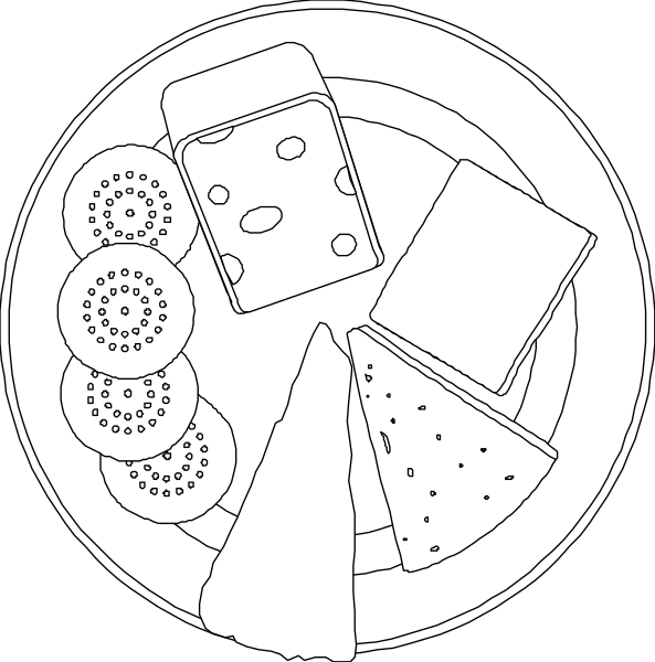 The black and white illustration shows two plates of food: on top there is a plate with slices of cheese pizza; below it, another plate has assorted desserts including cake pieces, cookies, fruit slices, and what appears to be ice cream cones or scoops.