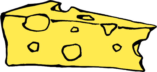The black and white cartoon shows a slice of cheese with holes on top next to an actual piece of pizza that has been cut into slices in front of it.