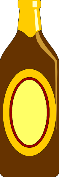 The image shows a bottle of beer with an oval label featuring red and yellow designs on it against a plain background.