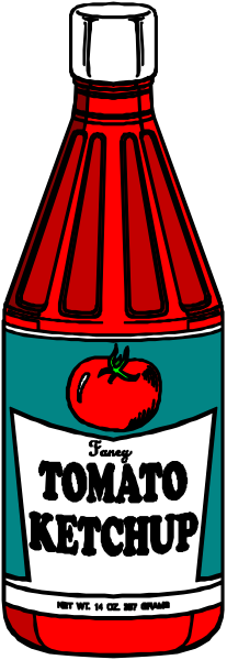 The image shows a cartoon bottle of ketchup with an apple on it labeled "Tomato Ketchup."