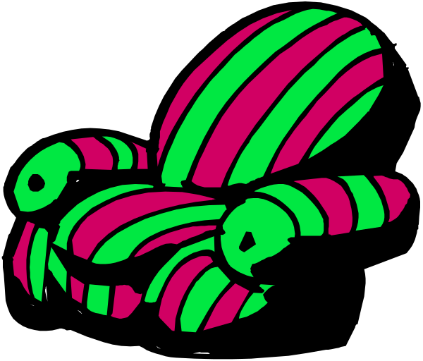 The image shows a cartoon bee with stripes of pink, green, yellow, blue, red, black, white, purple, orange, brown, gray, and light blue on its body next to an object that resembles watermelon slices in shades of neon colors.