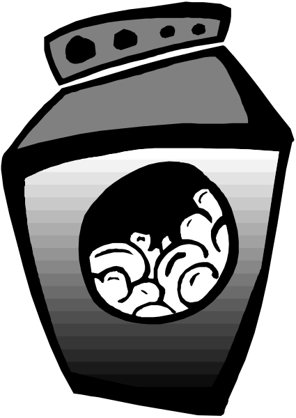 The black and white illustration shows a coffee cup with an open lid on top of it, inside which there is what appears to be a brain-like substance floating in liquid.