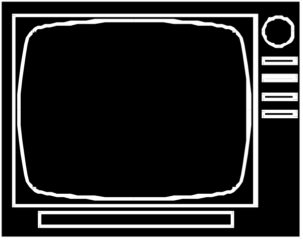 The black and white illustration shows a television with an antenna on top of it to its right side, next to which is another smaller TV that appears blank; both televisions have dials below them for adjusting channels.