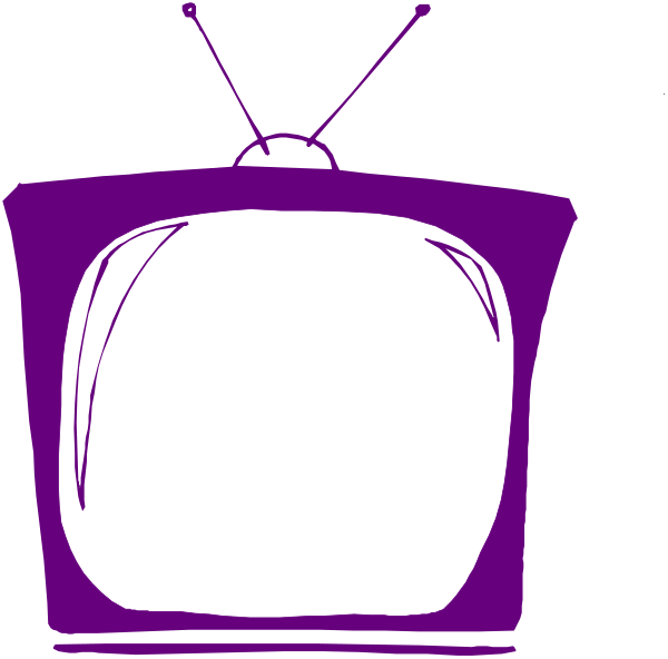 The image shows a purple television with an antenna on top of it next to another smaller TV that is white without any visible content displayed in front of them against a black background.
