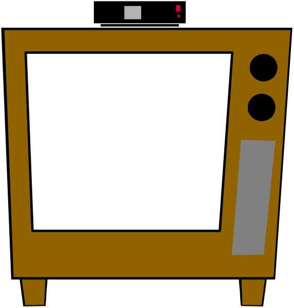 The image shows a television set with an empty screen next to its standalone monitor on top of it; both items appear in two different states: one is closed while the other has been opened up for displaying content, suggesting comparison between their original and unboxed forms.