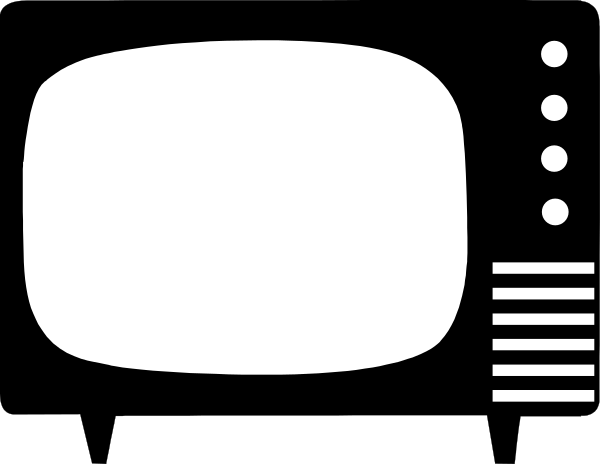 The image shows a black and white silhouette of an old television set with antennae on top against a gray background.