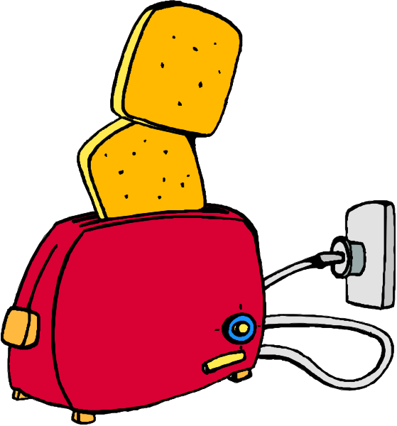 The cartoon shows a red toaster with two slices of bread on top placed next to an electrical outlet where it is plugged in; above them hangs another slice of toast that has been buttered and appears ready for use, suggesting someone might have just finished using this appliance or left the room momentarily.