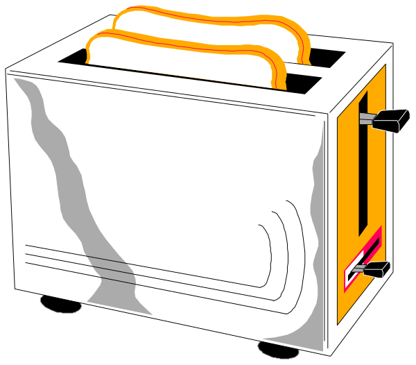 The image shows a toaster oven with two slices of bread inside it on top of an open door.