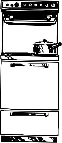 The black and white photo shows a kitchen with an oven on top of it next to a stove, above which is a cabinet door that has been opened revealing shelves inside.