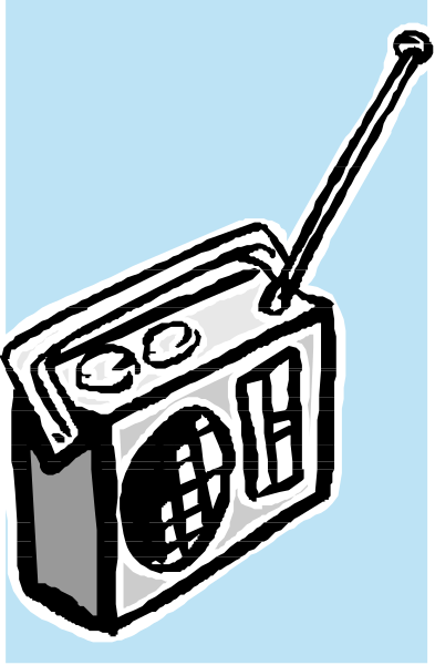 The image shows a black and white illustration of an old boombox radio with antenna on top placed against a blue background that resembles sky.